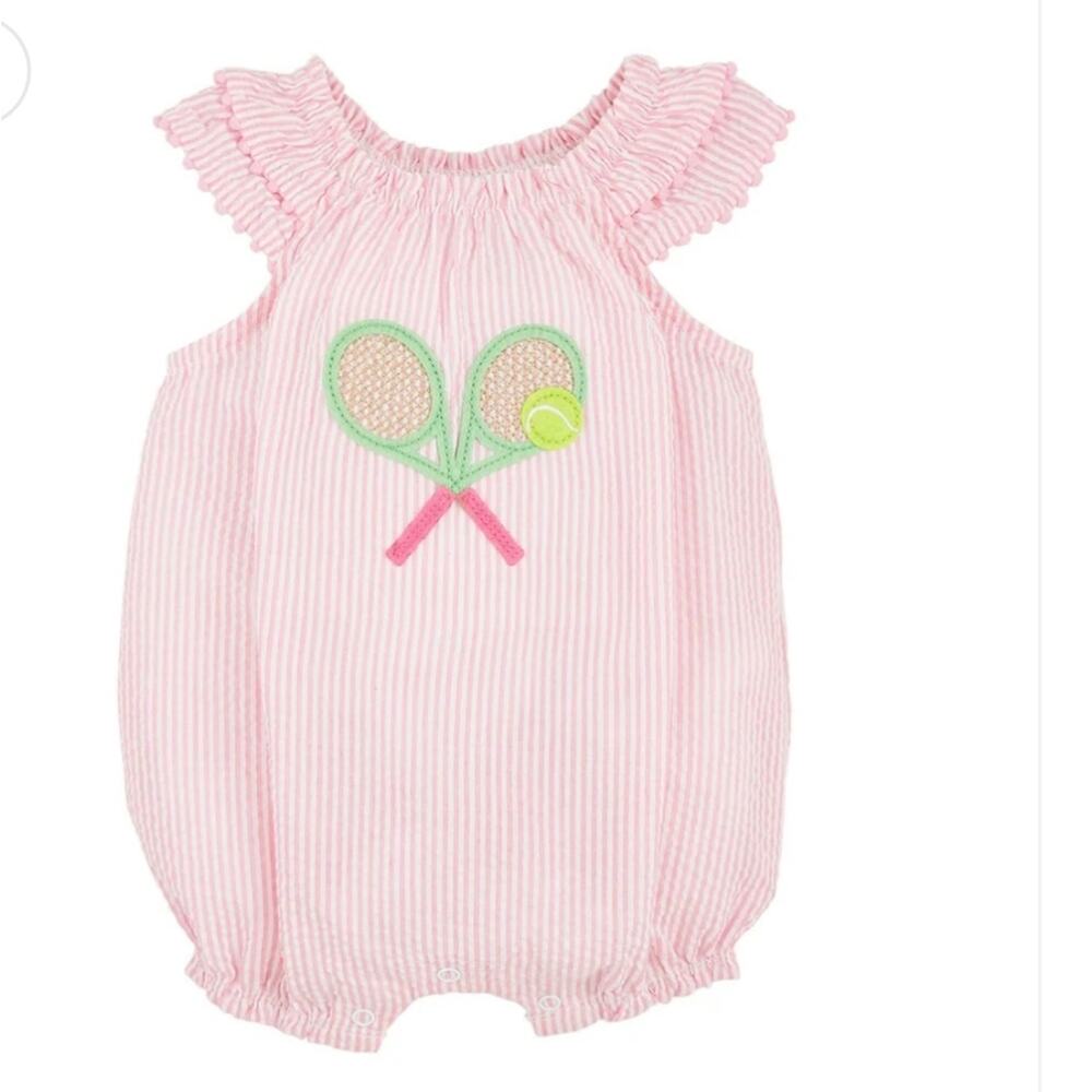 6-9M New Mud Pie Pink Seersucker  Romper with Tennis Racket Design
